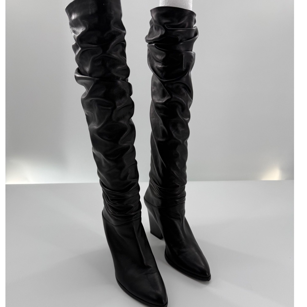 Stuart Weitzman Slouchy OTK Boots Sz 9 Black Ruched Leather Heel Fall Winter